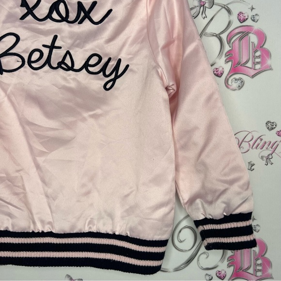 Betsey Johnson bomber jacket coat kids shiny satiny silky fabric pink embroider - Picture 10 of 12